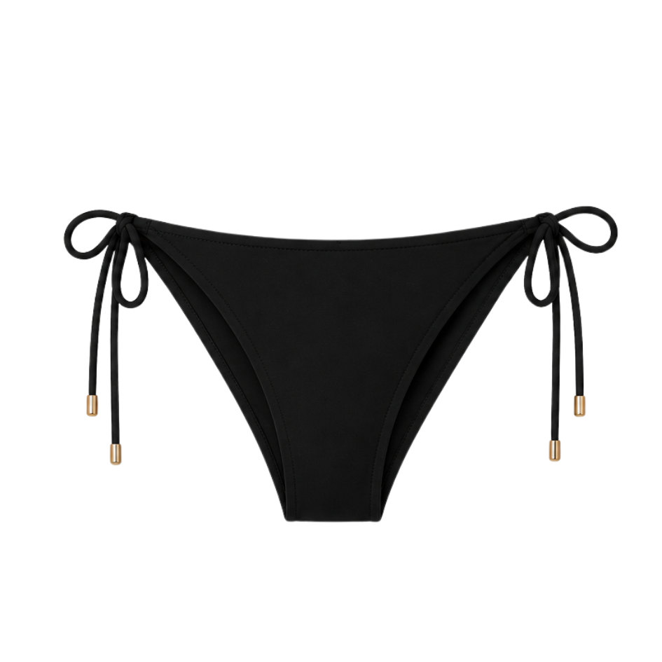 Black bikini bottom with tie sides on a white background